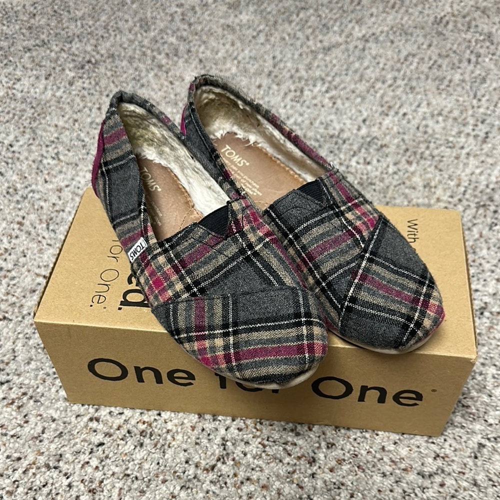 TOMS Black and Pink Plaid Slip-Ons